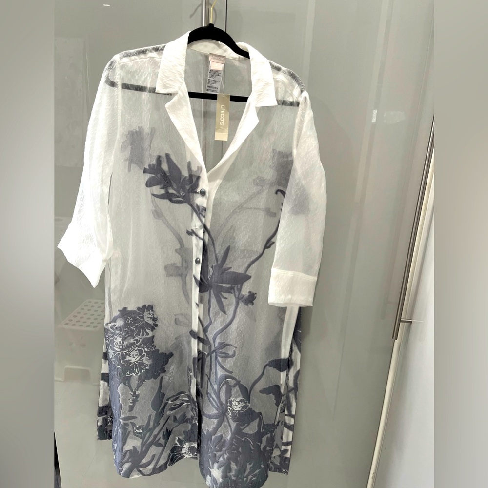 Chico’s Traveler Novelty Jacquard Duster Sweater Jacket- Grey/White